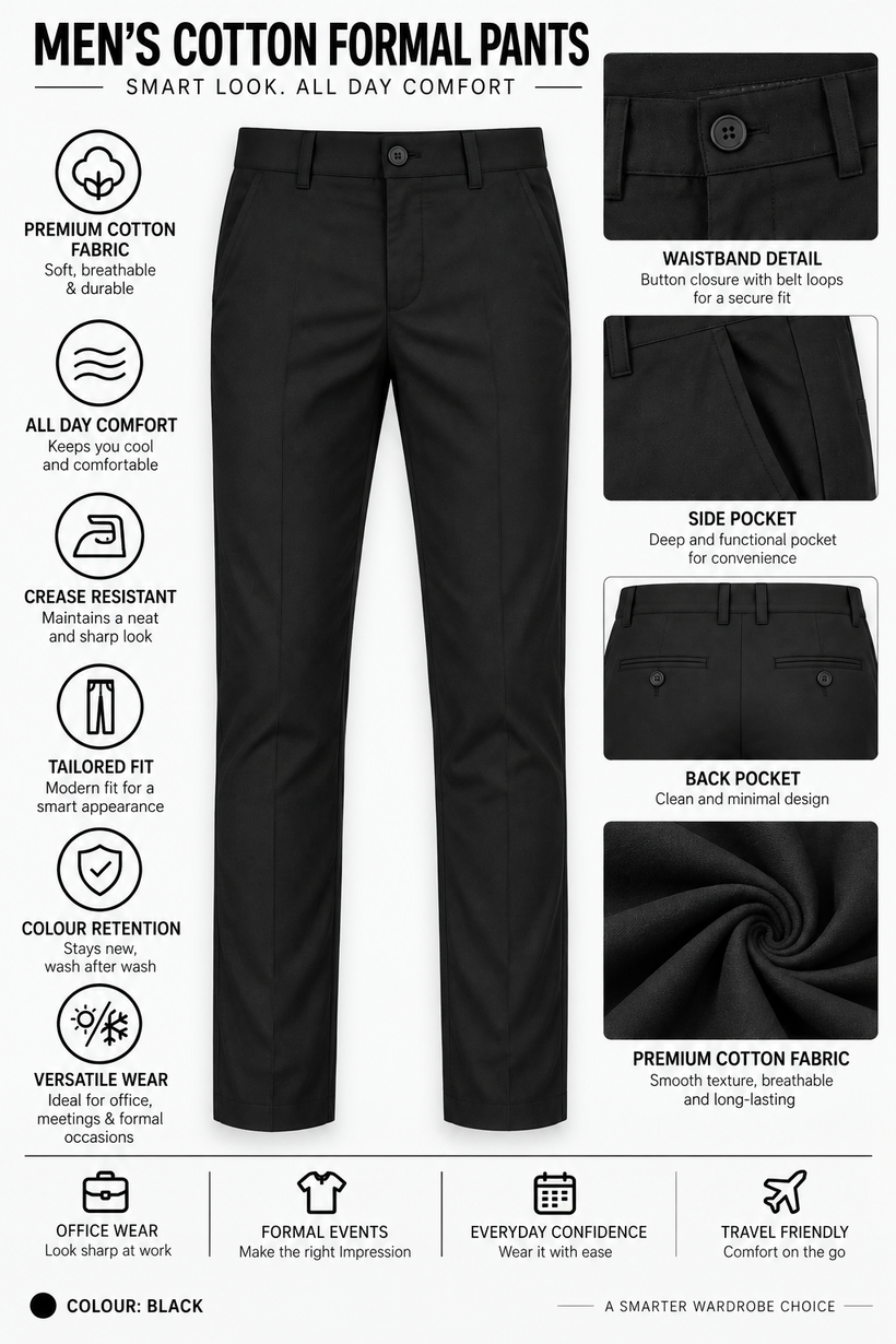 Black Solid Cotton Formal Pants for Men