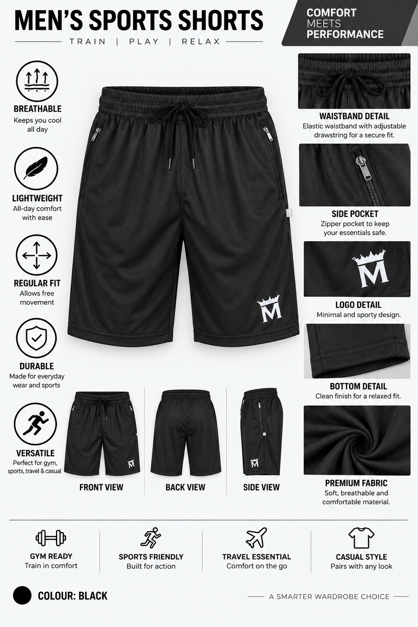 Black-Solid-Sport-Shorts-Product-Detail-View