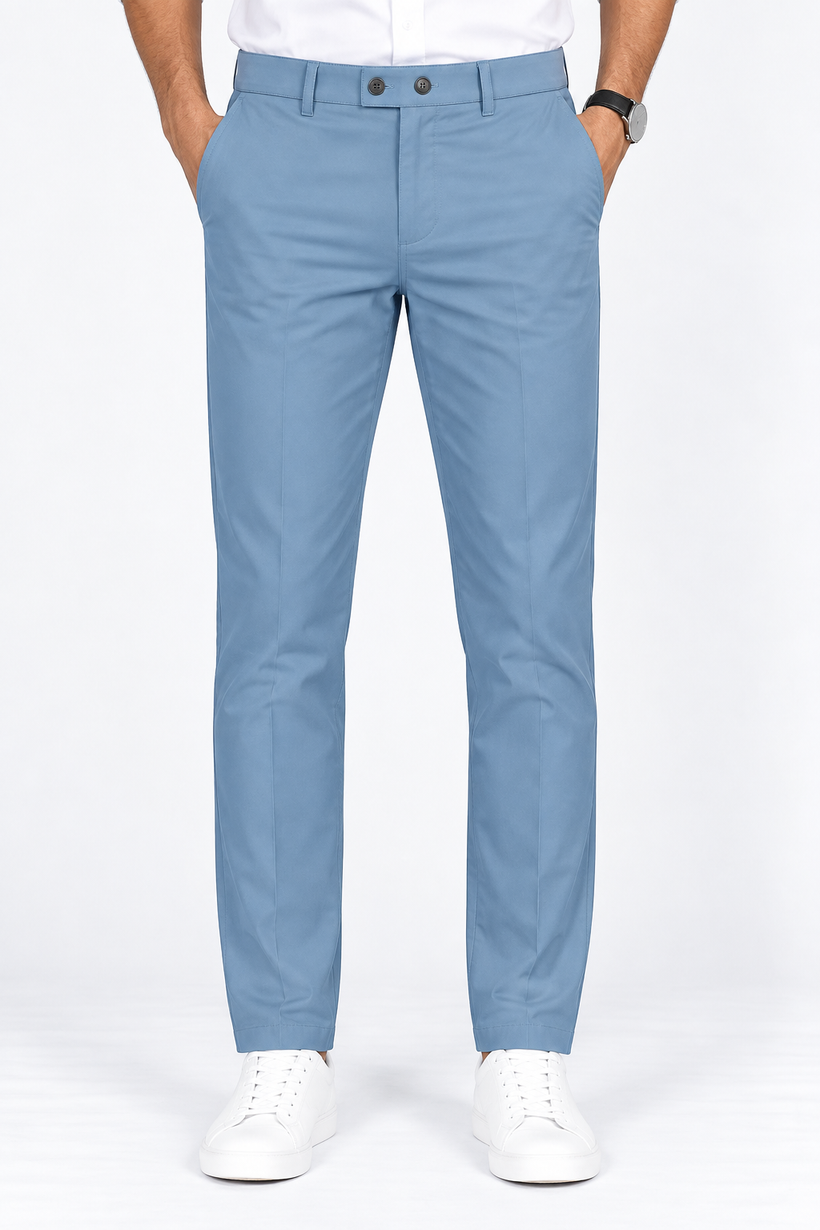 Light Blue Solid Twill Formal Pants for Men