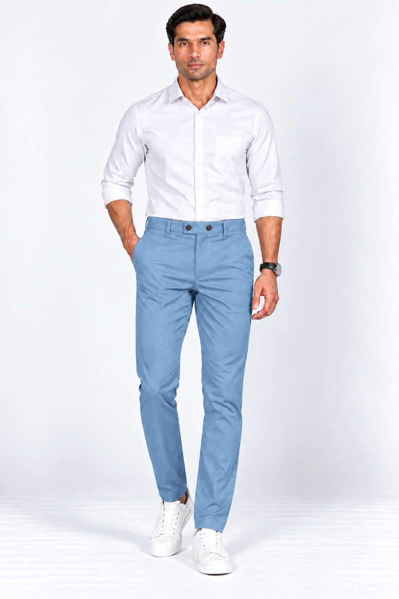 Light Blue Solid Twill Formal Pants for Men