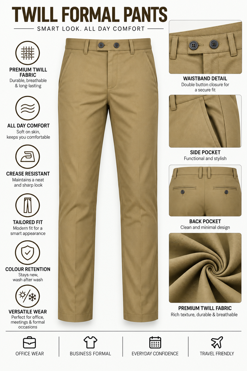 Khaki Solid Twill Formal Pants for Men