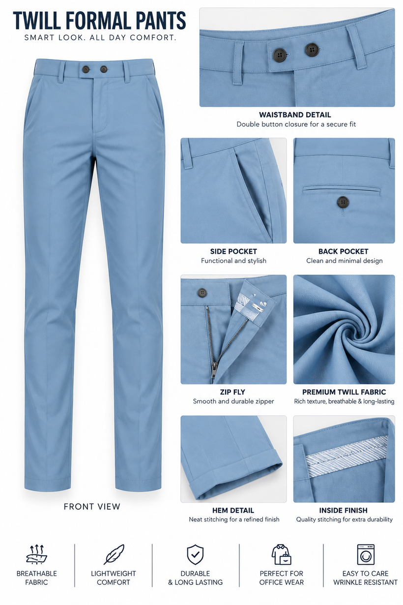Light Blue Solid Twill Formal Pants for Men