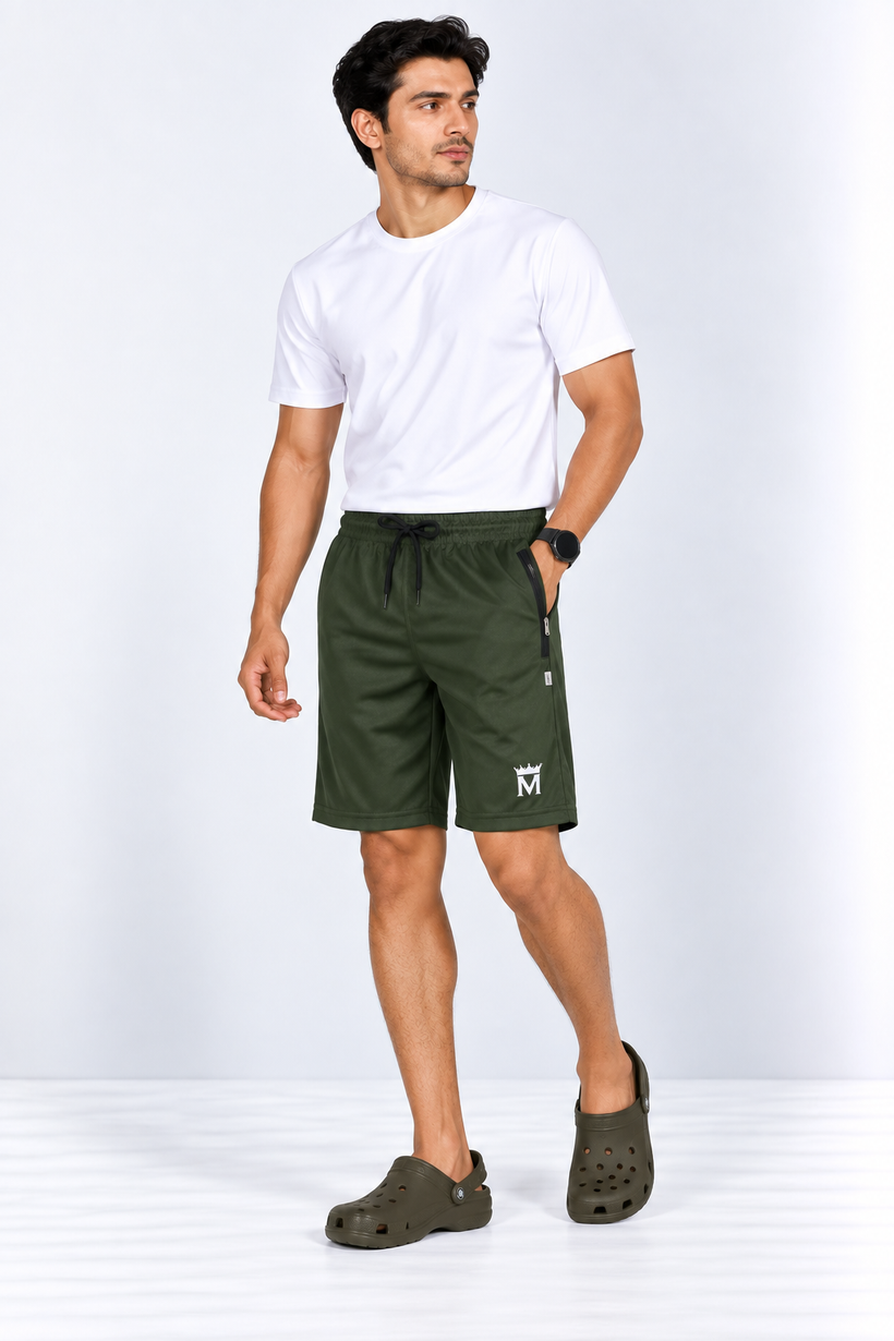 Olive-Green-Solid-Sport-Shorts-Full-View