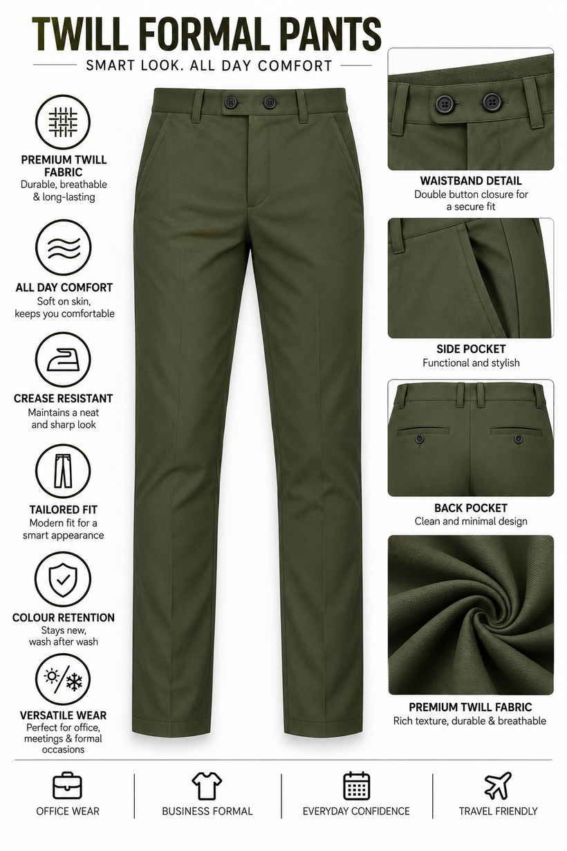 Olive-Green-Solid-Twill-Formal-Pant-Product-Detail-View